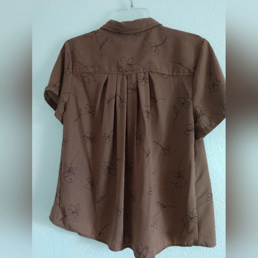 Lotus & Lavender Blouse Shirt Brown Black Floral Flowers Print Short Sleeve L - Picture 5 of 6